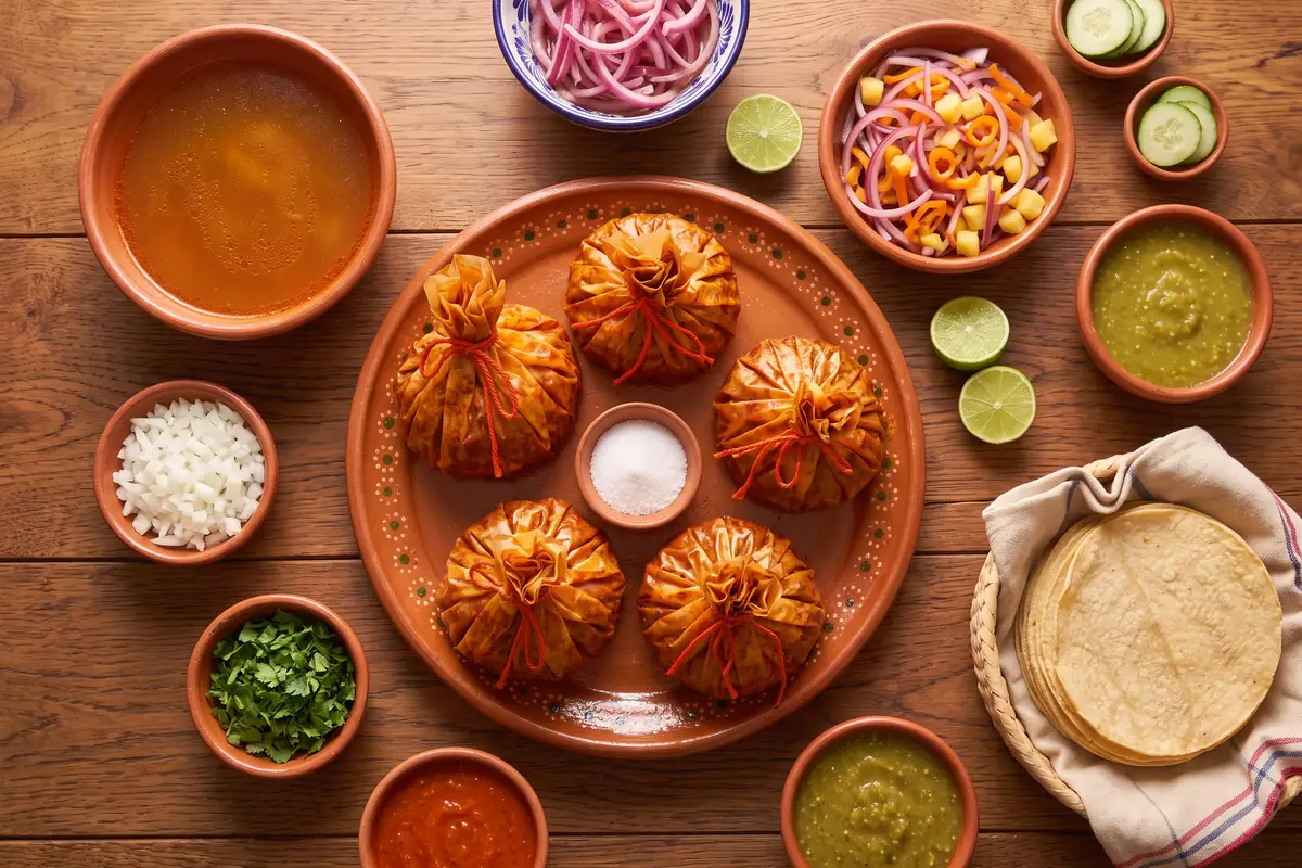 Mesa completa con mixiotes, consomé y salsas