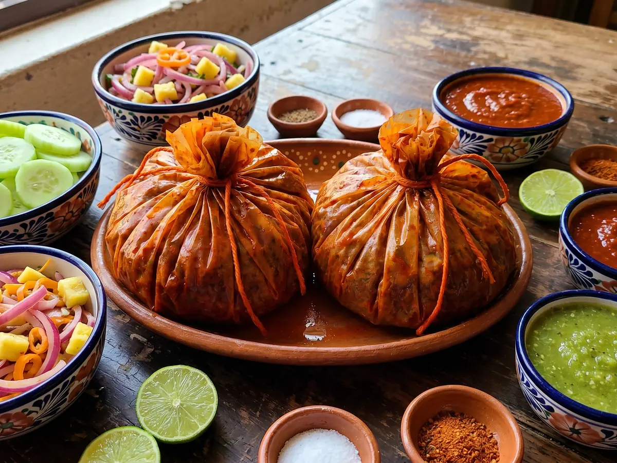 Dos mixiotes estilo Hidalgo sobre plato de barro, con salsas, limones y encurtidos